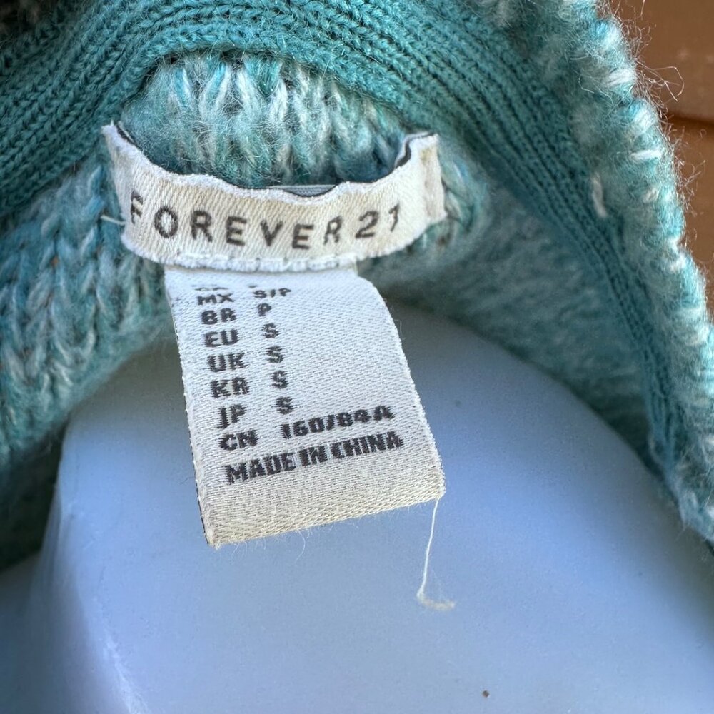 Forever 21 Womens Cable Knit Sweater Aqua Green Size S Ribbed Hem & Cuffs - Picture 2 of 8